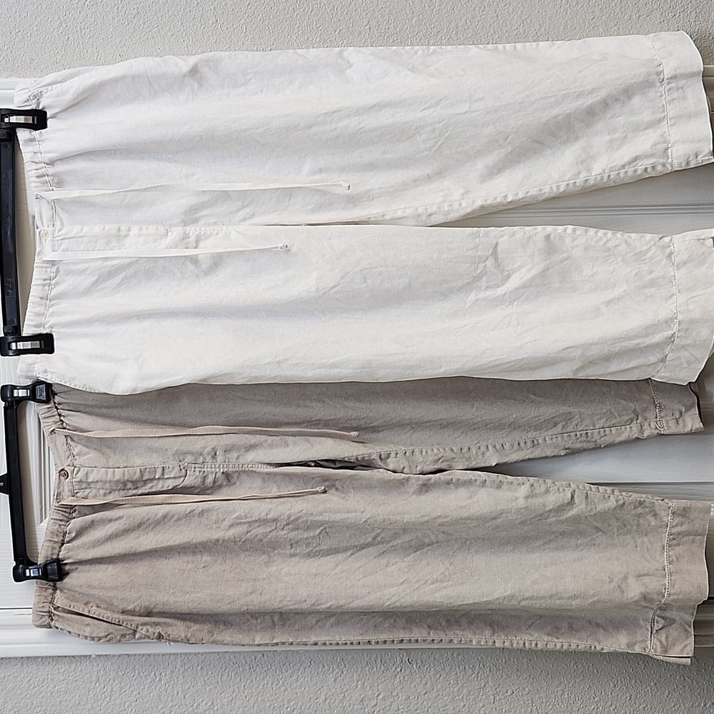 Bundle of Two Pair Kate Hill 100% Linen Cropped Wide Leg Pants, Size LP